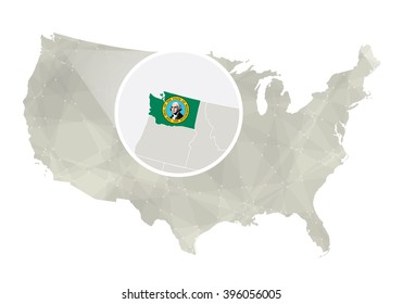 Polygonal abstract USA map with magnified Washington state. Washington state map and flag. US and Washington vector map. Vector Illustration.