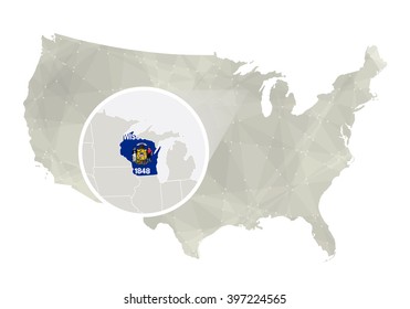 Polygonal abstract USA map with magnified Wisconsin state. Wisconsin state map and flag. US and Wisconsin vector map. Vector Illustration.