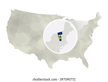 Polygonal abstract USA map with magnified Vermont state. Vermont state map and flag. US and Vermont vector map. Vector Illustration.
