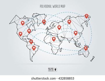 Polygonal abstract world map. Vector illustration. Abstract global connection structure. Continents connected with lines and pointers. Geometric world concept