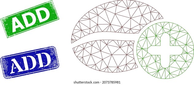 Polygonal add coffee image, and Add blue and green rectangle grunge stamps. Polygonal carcass illustration designed with add coffee pictogram. Seals contain Add tag inside rectangle form.