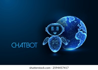 Polygonal AI chatbot with digital globe on dark blue background. Global automation, customer support, artificial intelligence concept. Futuristic business innovation. Modern vector illustration.