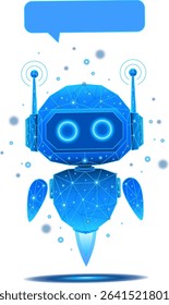 Polygonal AI robot with speech bubble on transparent background. Futuristic chatbot and artificial intelligence assistant concept. Futuristic cute robot built with polygonal shapes