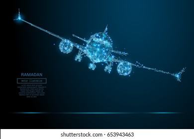 Polygonal airliner low poly. Vector mesh spheres from flying debris. Thin line concept. Blue structure style illustration