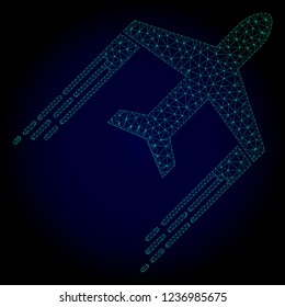 Polygonal airplane trail illustration with fast speed effect. Abstract mesh lines, triangles and points on dark background with airplane trail designed for modern abstract with symbols of speed, rush,