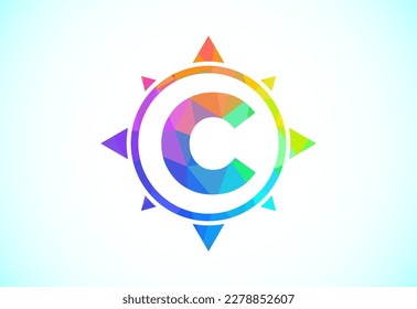 Polygonal alphabet C in a compass. Low poly style compass logo sign symbol. Vector logo design