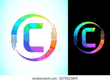 Alfabeto poligonal C con cable eléctrico y cable de fibra óptica. Símbolo de alfabeto gráfico de bajo nivel de polígono