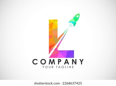 Polygonal alphabet L with a Rocket logo design. Rocket icon. Low poly graphic alphabet symbol