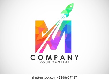 Polygonal alphabet M with a Rocket logo design. Rocket icon. Low poly graphic alphabet symbol