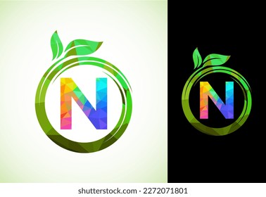 Polygonal alphabet N in a spiral with green leaves. Nature icon sign symbol. Geometric shapes style logo design for business healthcare, nature, farm, and company identity.