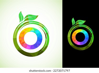 Polygonal alphabet O in a spiral with green leaves. Nature icon sign symbol. Geometric shapes style logo design for business healthcare, nature, farm, and company identity.