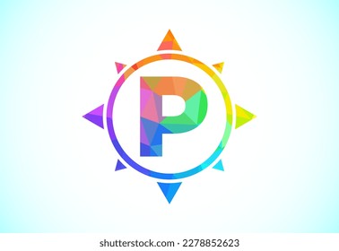 Polygonal alphabet P in a compass. Low poly style compass logo sign symbol. Vector logo design