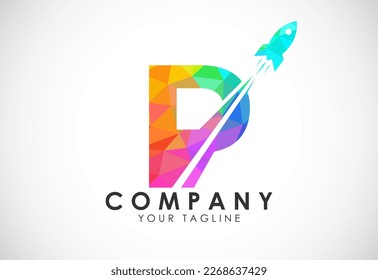 Polygonal alphabet P with a Rocket logo design. Rocket icon. Low poly graphic alphabet symbol