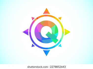 Polygonal alphabet Q in a compass. Low poly style compass logo sign symbol. Vector logo design