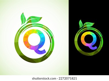 Polygonal alphabet Q in a spiral with green leaves. Nature icon sign symbol. Geometric shapes style logo design for business healthcare, nature, farm, and company identity.