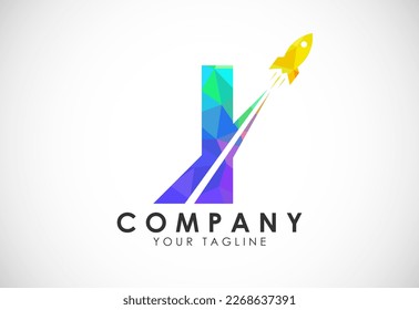 Polygonal alphabet I with a Rocket logo design. Rocket icon. Low poly graphic alphabet symbol