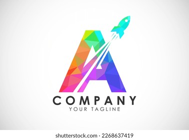 Polygonal alphabet A with a Rocket logo design. Rocket icon. Low poly graphic alphabet symbol