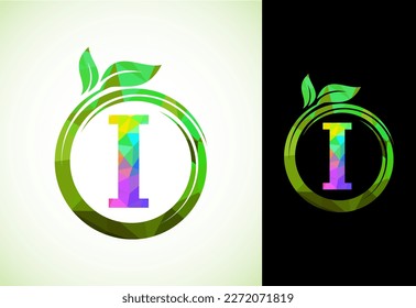 Polygonal alphabet I in a spiral with green leaves. Nature icon sign symbol. Geometric shapes style logo design for business healthcare, nature, farm, and company identity.