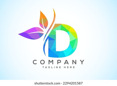 Polygonal alphabet with two leaves. Low poly eco-friendly logo concept. Logo for ecological