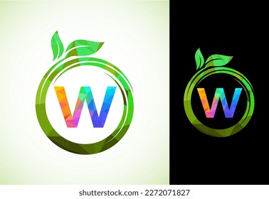 Polygonal alphabet W in a spiral with green leaves. Nature icon sign symbol. Geometric shapes style logo design for business healthcare, nature, farm, and company identity.