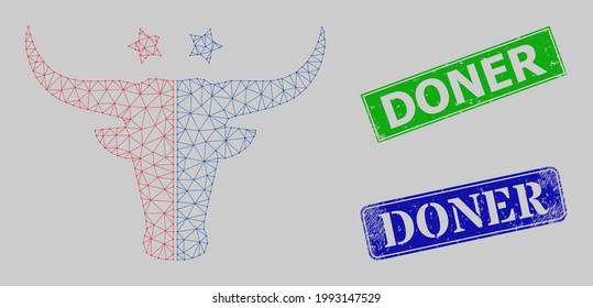 Polygonal american beef logo image, and Doner blue and green rectangular unclean seals. Polygonal wireframe image is created from american beef logo pictogram.