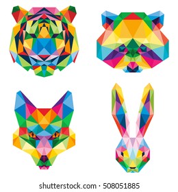 POLYGONAL ANIMAL HEAD TEGER RACCOON FOX RABBIT POP ART POLYGON LOGO ICON SET