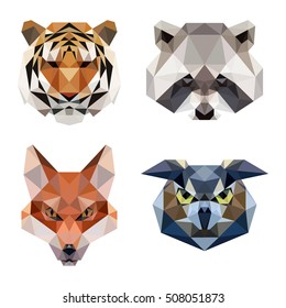 JUNTO DE ICONOS DE LOGOTIPO POLÍGONO DEL TIGRE ANIMAL RACCOON FOX OWL POLYGON