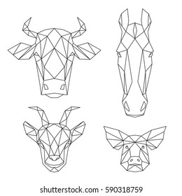 Polygonal animals, cow, horse, goat, pig, vector illustration