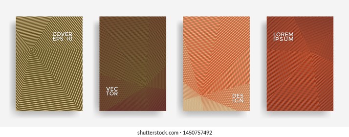 Polygonal annual report design vector collection. Halftone lines texture cover page layout templates set. Report covers graphic design, business brochure pages corporate templates.
