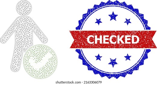 Polygonal wenden Mann Wireframe Symbol, und Bicolor Gummi Checked Siegel. Mesh Wireframe Illustration ist mit dem Handysymbol entworfen. Vektordichtung mit Prüfanhänger in rotem Band und blauem Rosett,