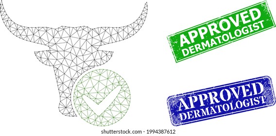 Polygonal approved beef image, and Approved Dermatologist blue and green rectangular corroded seals. Polygonal wireframe image based on approved beef icon.