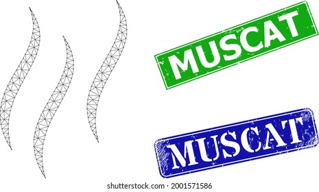 Polygonal aroma image, and Muscat blue and green rectangle rubber stamp seals. Mesh carcass image is created from aroma pictogram. Stamp seals contain Muscat tag inside rectangle frame.