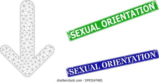 Polygonal arrow down image, and Sexual Orientation blue and green rectangle dirty seals. Polygonal wireframe image based on arrow down pictogram.