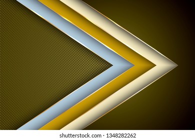 Polygonal arrow with gold triangle edge lines banner vector design. VIP banner background template. Ribbon stripes overlap on halftone dots background. Blank banner layout design.