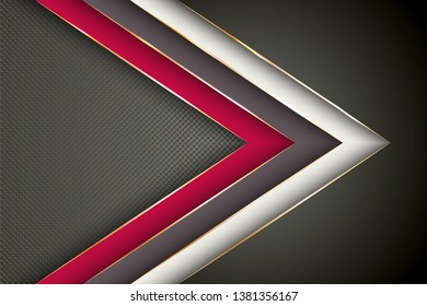 Polygonal arrow with gold triangle edge lines banner vector design. Glamour poster background template. Ribbon stripes overlap on halftone dots background. Creative digital illustration.