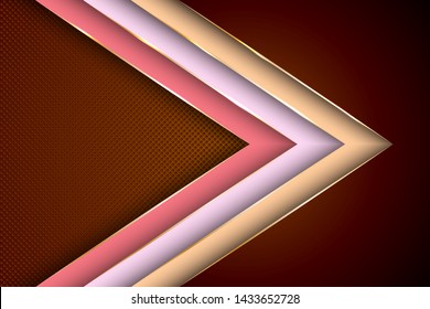 Polygonal arrow with gold triangle edge lines banner vector design. VIP banner background template. Blank banner layout design. Ribbon stripes overlap on halftone dots background.
