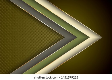 Polygonal arrow with gold triangle edge lines banner vector design. Luxury business background template. Trendy tech vector graphics. Ribbon stripes overlap on halftone dots background.