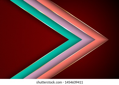 Polygonal arrow with gold triangle edge lines banner vector design. Chic business background template. Cool geometric graphic concept. Ribbon stripes overlap on halftone dots background.