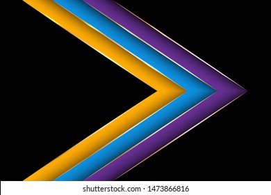 Polygonal arrow with gold triangle edge lines banner vector design. Glossy poster background template. Ribbon stripes overlap on halftone dots background. Creative digital illustration.