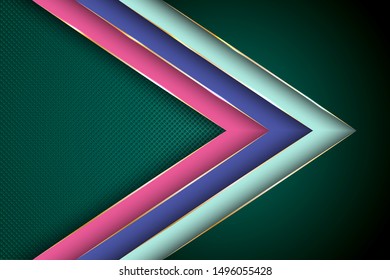 Polygonal arrow with gold triangle edge lines banner vector design. Premium banner background template. Blank banner layout design. Ribbon stripes overlap on halftone dots background.