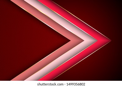 Polygonal arrow with gold triangle edge lines banner vector design. Glamour business background template. Ribbon stripes overlap on halftone dots background. Cool geometric graphic concept.