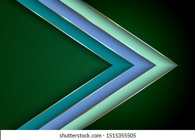 Polygonal arrow with gold triangle edge lines banner vector design. Premium banner background template. Gold metallic edge lines, gradient overlapping shapes. Blank banner layout design.
