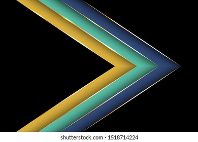 Polygonal arrow with gold triangle edge lines banner vector design. Stylish business background template. 3d advertising graphic design. Ribbon stripes overlap on halftone dots background.