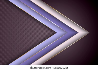 Polygonal arrow with gold triangle edge lines banner vector design. Glossy poster background template. Ribbon stripes overlap on halftone dots background. 3d advertising graphic design.