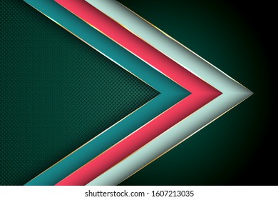 Polygonal arrow with gold triangle edge lines banner vector design. Chic business background template. Futuristic cover graphic design. Ribbon stripes overlap on halftone dots background.