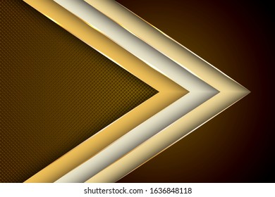 Polygonal arrow with gold triangle edge lines banner vector design. Royal business background template. Gradient facets shapes, stripes gold edges lines vector. Trendy tech vector graphics.