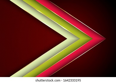 Polygonal arrow with gold triangle edge lines banner vector design. Glossy poster background template. Ribbon stripes overlap on halftone dots background. Abstract wallpaper modern design.