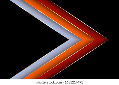 Polygonal arrow with gold triangle edge lines banner vector design. Chic business background template. Blank banner layout design. Ribbon stripes overlap on halftone dots background.