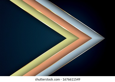Polygonal arrow with gold triangle edge lines banner vector design. Rich poster background template. Trendy tech vector graphics. Ribbon stripes overlap on halftone dots background.