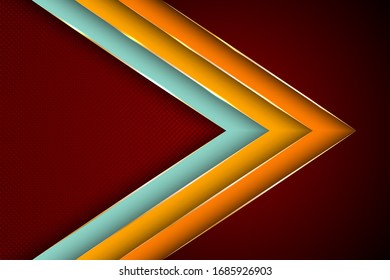 Polygonal arrow with gold triangle edge lines banner vector design. Stylish business background template. Ribbon stripes overlap on halftone dots background. Futuristic cover graphic design.
